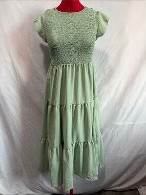 Smocked Bodice Tiered Maxi Dress in Light Green